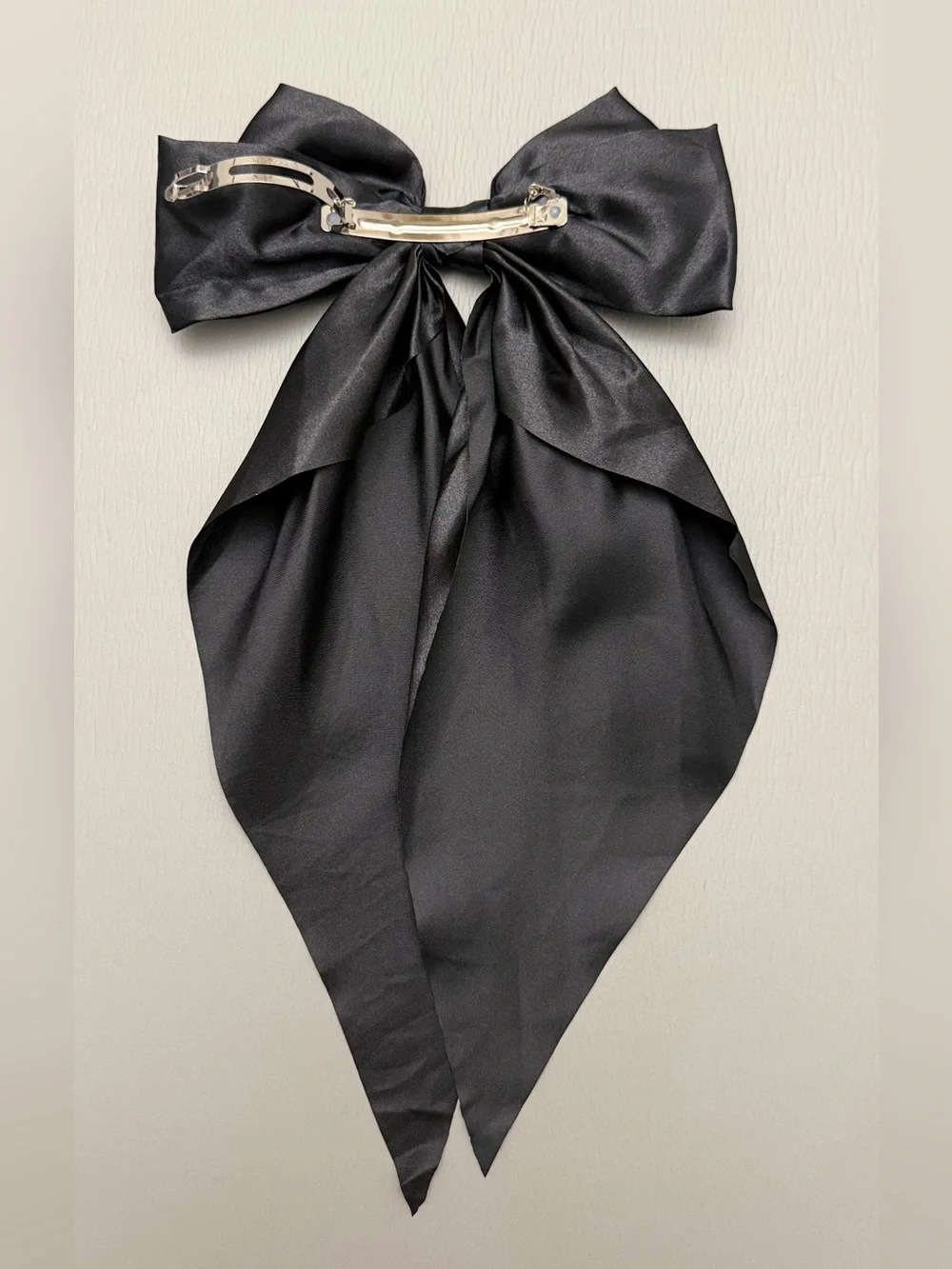 New Oversized Black Satin Bow Hair Barrette Long Tail Statement Clip